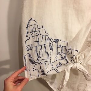 Hand embroidered white cotton button up blouse
